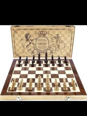 AMEROUS Chess Set, 15"x15" Folding Magnetic Wooden Game Board NEW